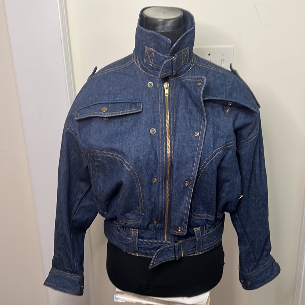 Vintage Yamaha Motor Riding Trucker Jeans Utility Cropped Jacket Size Small - Picture 7 of 16